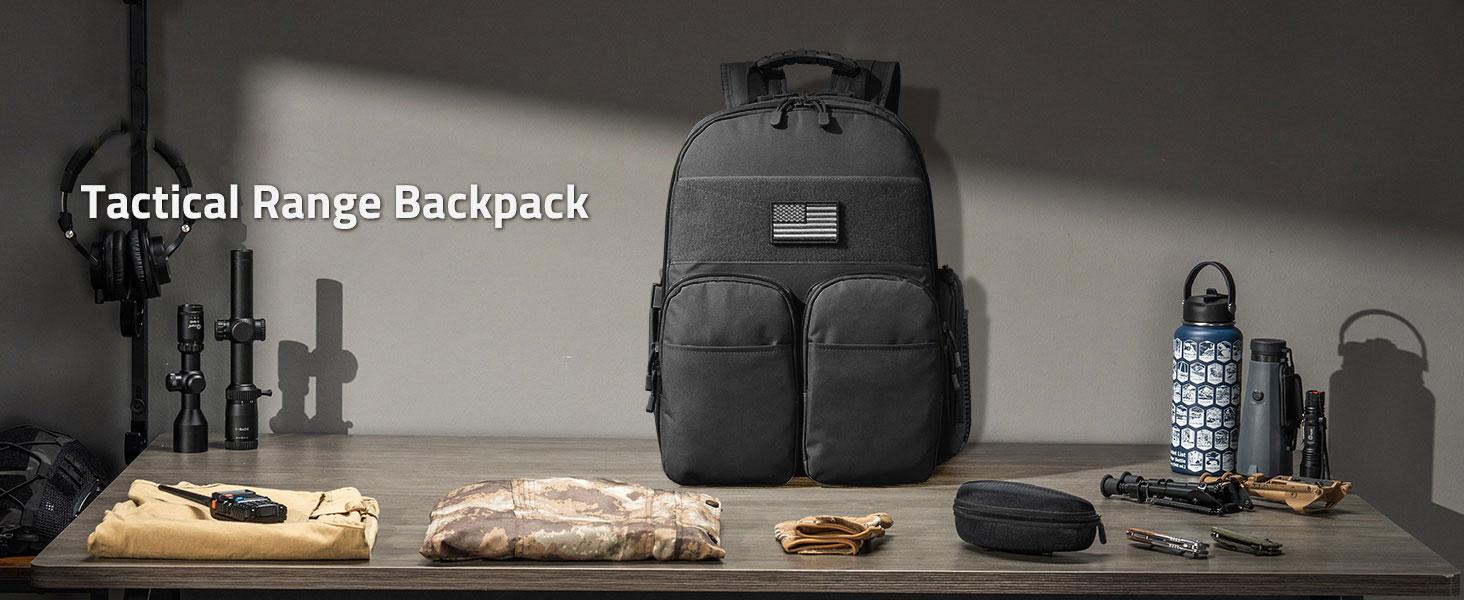 Tactical Range Backpack for Men with Stable Support, Shooting Backpack with Pistol Storage Cases, Range Bag with Removable Divider, Lockable Zipper Design Daypack for EDC Work, Black/Khaki