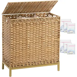 Laundry Hamper with Lid 132 L, (35 Gallons) Clothes Hamper with Lid, Handwoven Rattan Laundry Hamper with Heightened Feet, Laundry Hampers with 3 Removable Liner Bags for Laundry-Natural