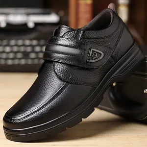 Genuine Leather Men's Shoes, Breathable Business Casual Vintage Slip-On  Comfort Soft Sole Anti-Slip Large Size Dad Shoe Black