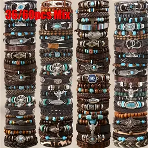 36/60pcs Mix Men's Vintage Bohemian Bracelet Set - Faux Leather with Turquoise-like Beads & Cow Head Charms, Multilayer Stackable Design for Men, Fashion Enthusiasts Everyday & Party Wear