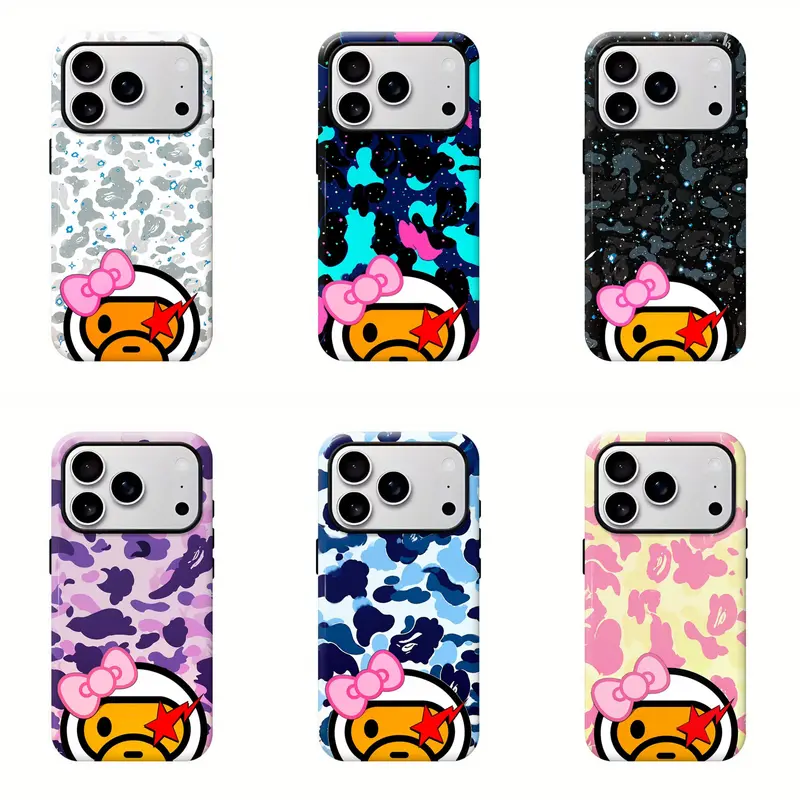 BAPE Milo Neon Camouflage Durable Protective Phone Case, Y2K Urban Style Accessory for iPhone 12/13/14/15/16/17 Pro Max, Space Design