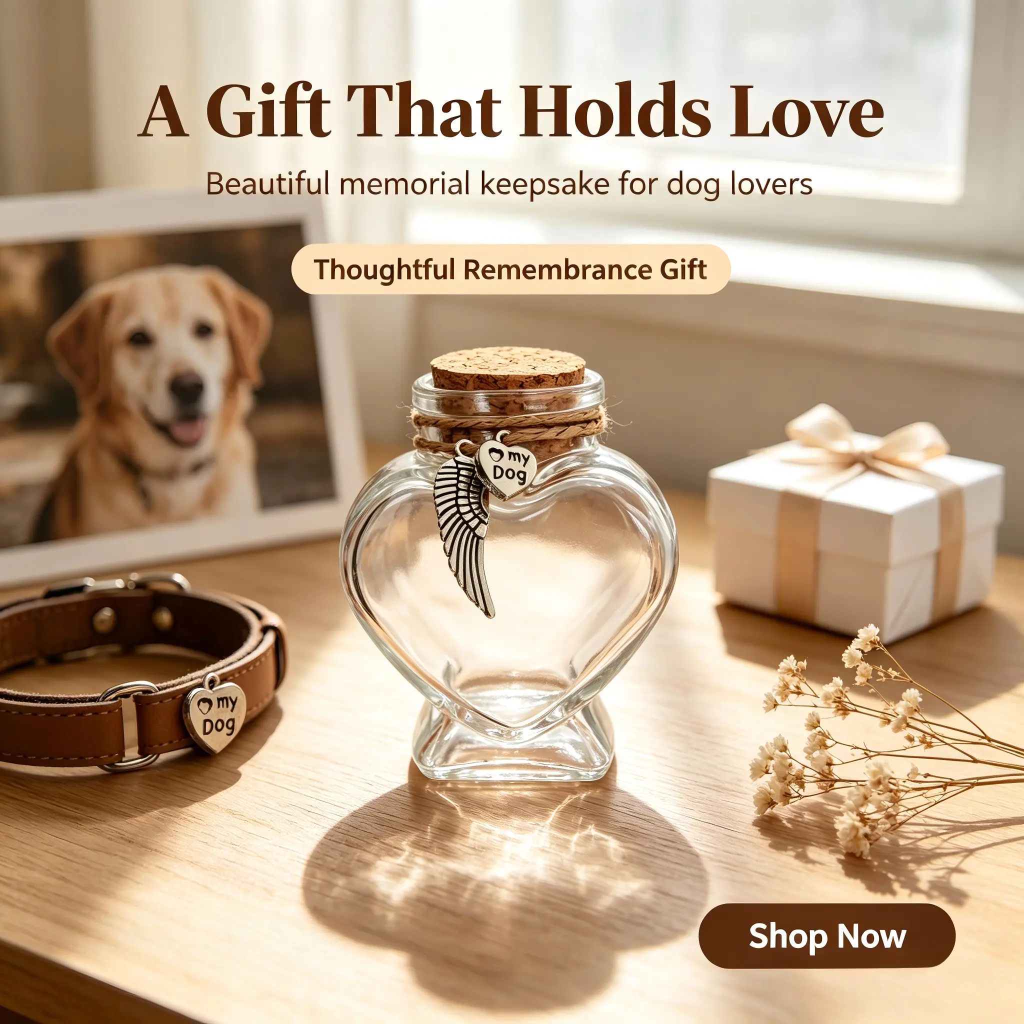 Heart Shaped Glass Pet Memorial Jar for Dog, Dog Ashes & Fur Keepsake Urn with Angel Wing Charm, Small Cremation Keepsake Bottle to Store Pet Hair, Collar Tag, Remembrance Gift for Pet Loss