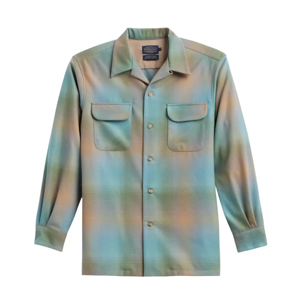 Pendleton Men's Tall Fitted Long Sleeve Board Shirt - Green/Tan Ombre, Medium Length, Plain Wool Fabric, Preppy Style Menswear Top, Casual Autumn Wear