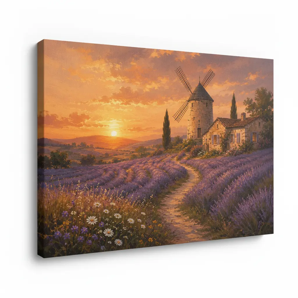 Lavender Sunset Canvas Wall Art, Windmill Cottage Landscape Decor, Purple Flower Field Art for Bedroom Living Room Office