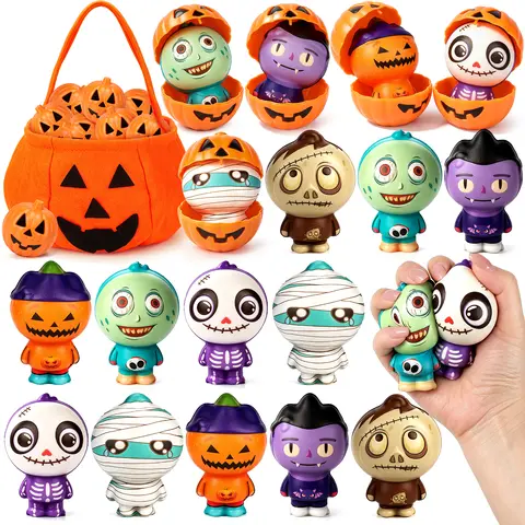 Halloween Squishy/Stress Balls/Fluffy Keychain Set with Pumpkin Shell, Slow Rising Stress Relief Toys with 12 Removable Pumpkin Shells + 1 Pumpkin Treat Bag, Halloween Party Favors for Kids