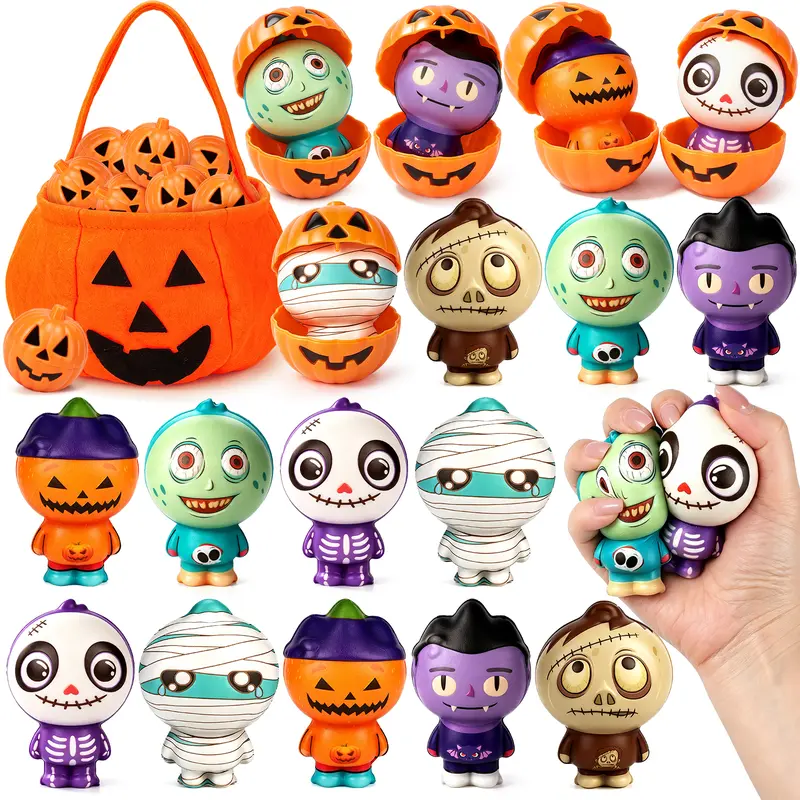 Halloween Squishy/Stress Balls/Fluffy Keychain Set with Pumpkin Shell, Slow Rising Stress Relief Toys with 12 Removable Pumpkin Shells + 1 Pumpkin Treat Bag, Halloween Party Favors for Kids