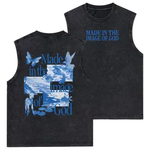 Made In The Image Of God Christian Washed Tank Top, Gym Essential, Vintage Casual Crewneck Short Sleeves Menswear T-shirt Classic Cotton Fabric Streetwear