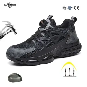 SAFETREK Men's Steel Toe Anti-Puncture Safety Shoes, Non-Slip Rubber Sole, with Easy Swivel Buckle, Breathable Mesh for Outdoor Work, Blue-Collar, Nurses