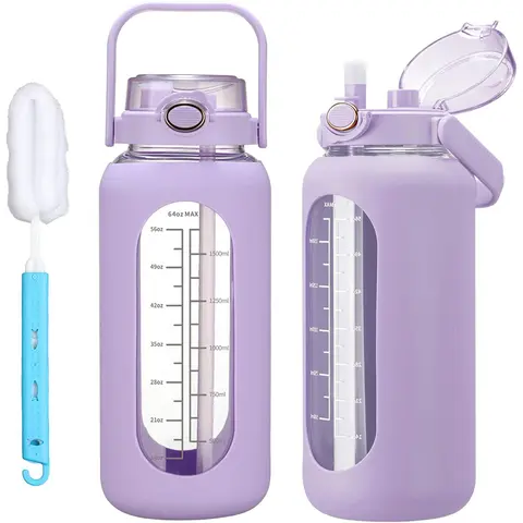 【WINSA】 64oz Reusable Glass Water Bottle - Leakproof BPA-Free Drinkware with Straw & Direct Sip Lid, Half Gallon Time Marker, Silicone Sleeve, Handle, Wide Fill for Ice+Fruit, Portable Washable for Gym Stuff, Women's Gifts Christmas, All Seasons