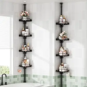 360 °   Rotating Corner Shower Caddy Tension Pole Organizer - 4-Tier Adjustable Rustproof Metal Pole, Plastic Shelves with Safety Guardrail, Bathroom Storage for Shower & Bathtub(Black)