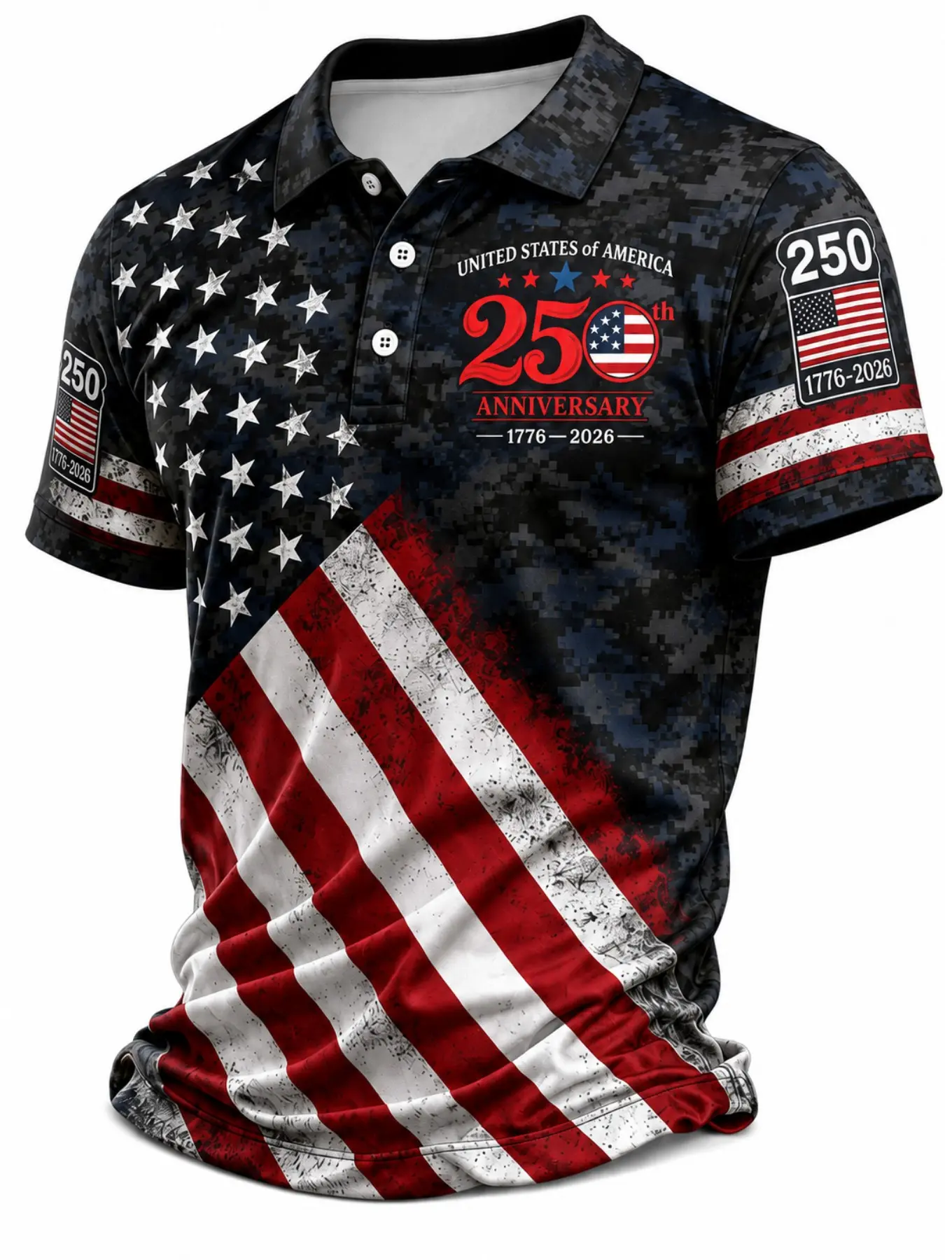 Patriotic American Flag Athletic Sportswear Polo Shirt for Men in Urban Blackout Camo, American 250th Anniversary 1776 2026 Polo Shirt for 4th of July Gifts, Athletic Fit Shirts