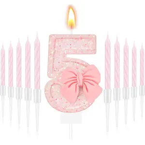 5th Number Birthday Candle Girls Pink Bow Glitter Happy Birthday Number Cake Topper with 10 Long Thin Spiral Cupcake Candle Bowknot Cake Decorations for Wedding Anniversary Princess Theme
