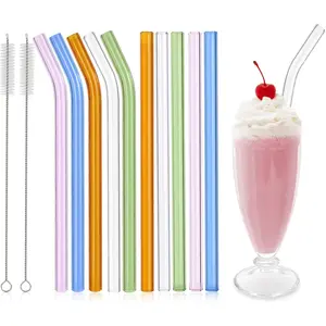 10 count  Glass Smoothie Straws,9''x12 mm Glass Drinking Straws for Milkshakes, , Juice,Set of 5 Straight and 5 Bent with 2 Cleaning Brushes -Dishwasher Safe(Colorful)