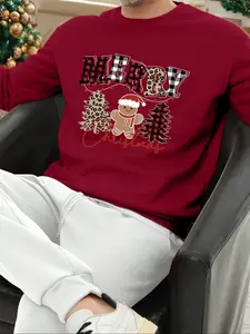 Men's Christmas Round Neck Pullover, Tree & Gingerbread Man Graphic Print, Urban Fashion, Daily Wear, Unisex, Couple Gift