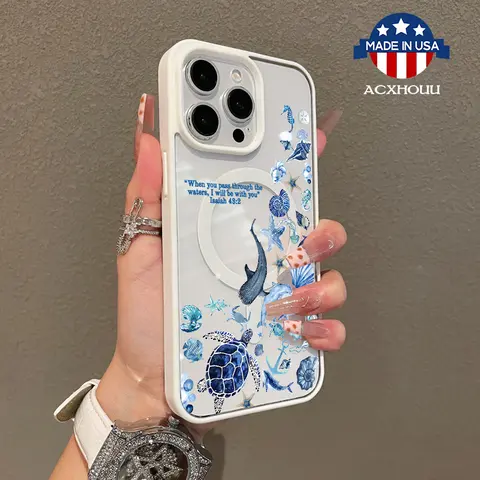 Trendy Magnetic Smartphone Case for iPhone 11/12/13/14/15/16 Pro Max, Blue Whale Scripture, MagSafe Ready, Ultra Thin & Shockproof Handheld Device Protector, Girls’ Trendy Mobile Accessory