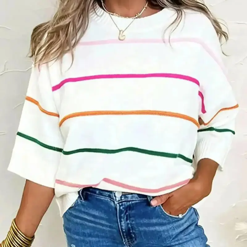 Autumn Winter New Design Colorblock Striped Drop Shoulder Sweater, Casual Loose Knit Pullover Top, Elegant Rainbow Stripe Women's Fashion Knitwear, Casual Fashion Jumper, Loose Knit Tops