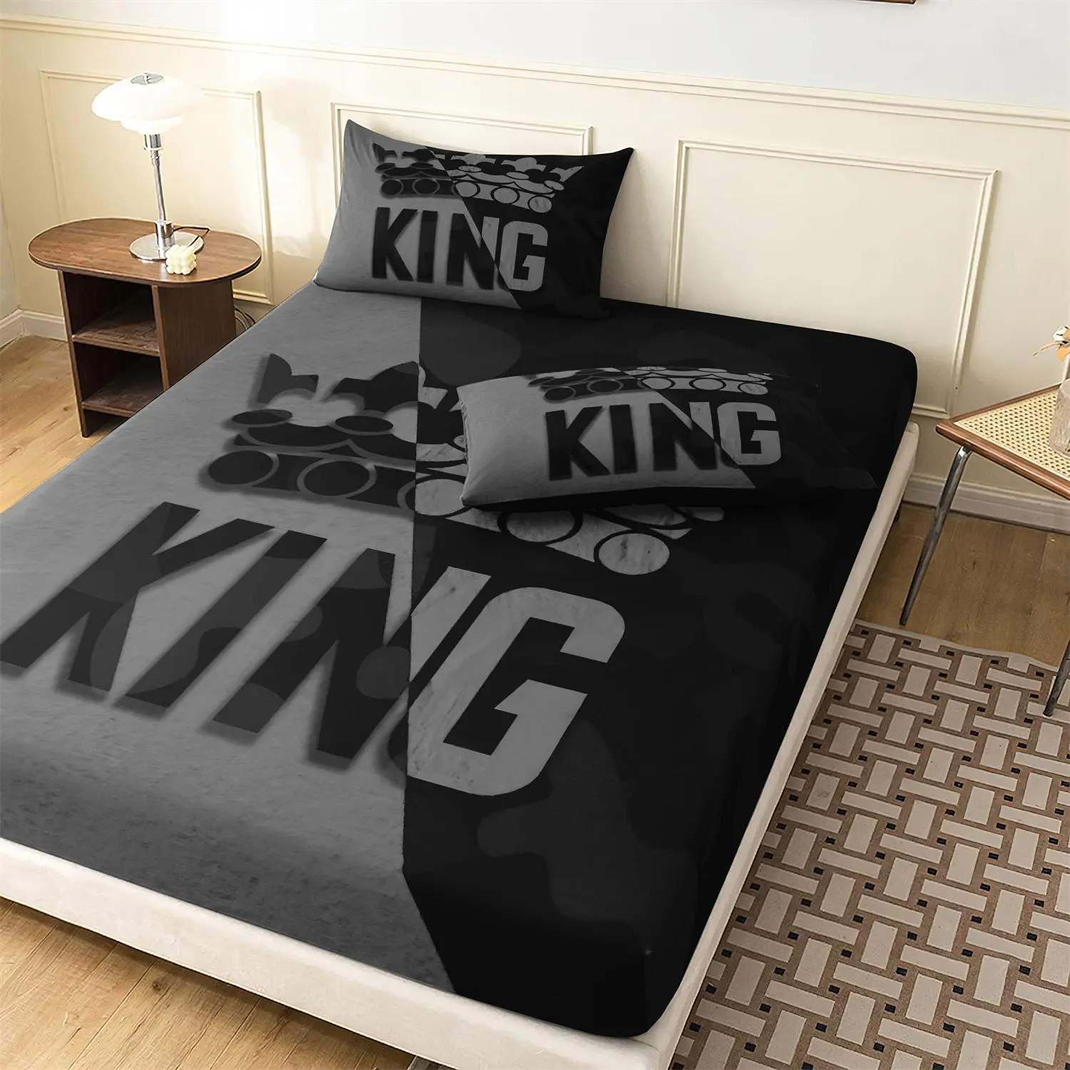 King Letter Print Polyester Bedding Set, 1 Set Including 1 Count Fitted Sheet & 2 Counts Pillowcase without Filler, Soft Comfortable Bedding Set for Bedroom Guest Room, Decorative Bedsheet Sets Comfy Bed Sets