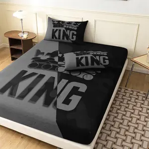 King Letter Print Bedding Set, 1 Set Including 1 Count Fitted Sheet & 2 Counts Pillowcase without Filler, Soft Comfortable Bedding Set for Bedroom Guest Room, Decorative Bedsheet Sets