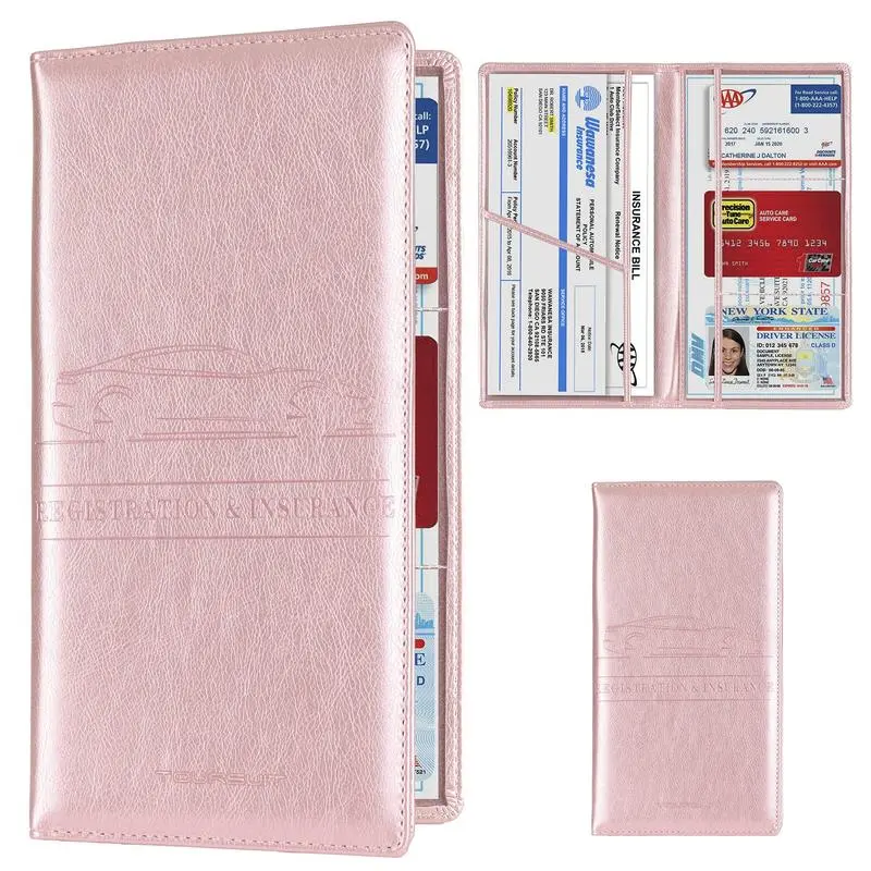 Car Registration and Insurance Card Holder - Leather Vehicle Glove Box Automobile Documents Paperwork Wallet Case Organizer for ID, Driver's License, Key Contact Information Cards - Men&Women, Car Owner, Car Accessories Women