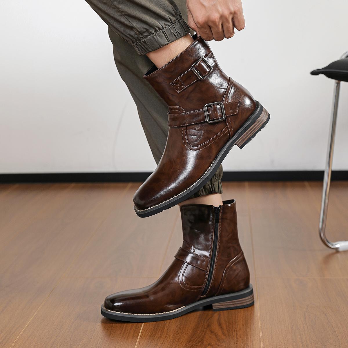 CYUW Men’s Retro Buckle Ankle Boots, Side Zipper Chelsea Boots, Everyday Casual Low-Heeled Dress Boots (Black/Brown)