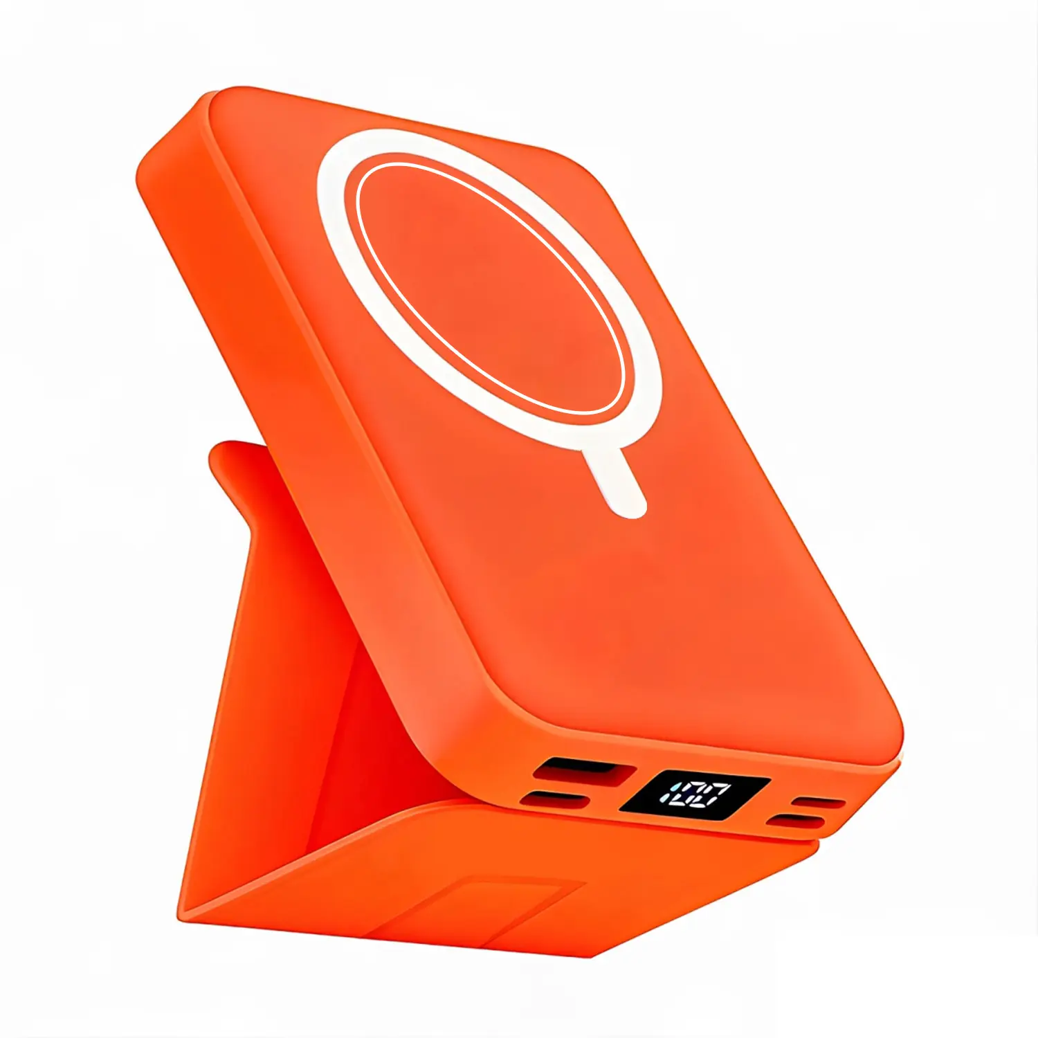 10000mAh Magnetic Wireless Power Bank - Mag-Safe Compatible Portable Charger, Fast Charge Single Unit with Built-in Cable, Foldable Stand for iPhone Series Compact