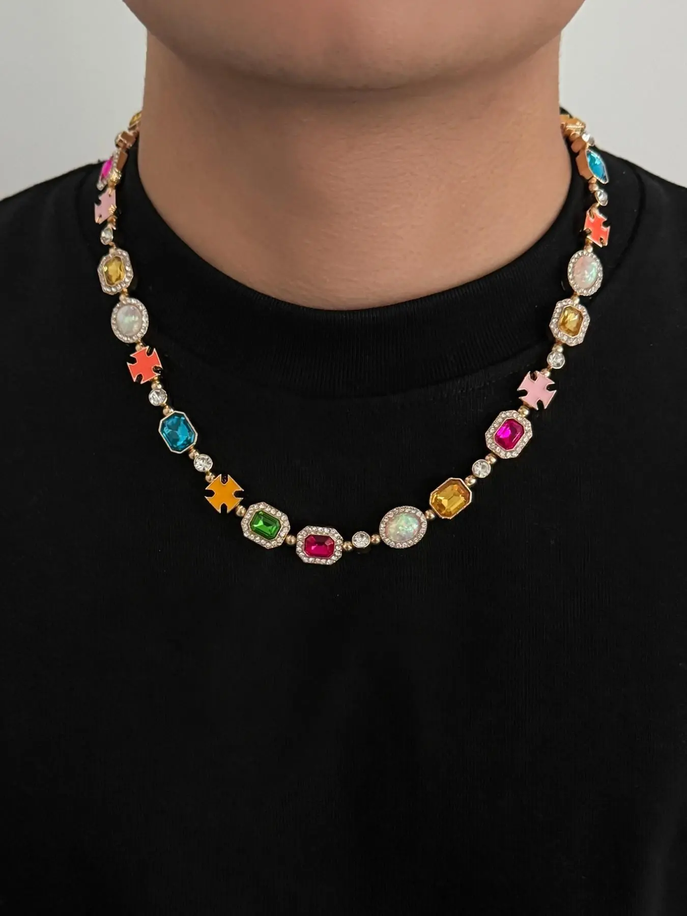 Spring Summer Dopamine Colorful Gemstone Puzzle Necklace, Unisex Unique Design Light Luxury Clavicle Chain, Statement Necklace, Artificial Crystal Material, Jewel Necklace