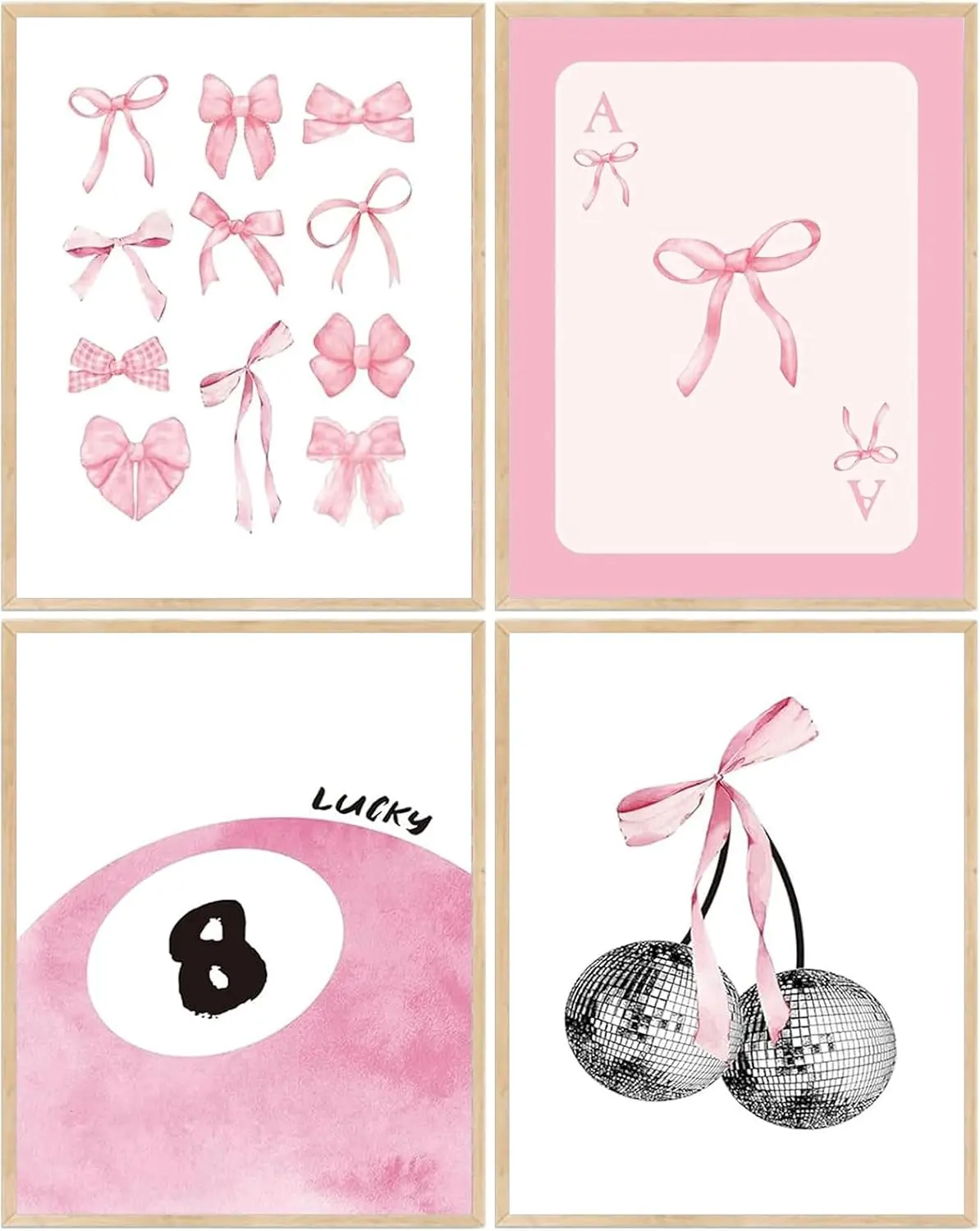 DIY 5D Diamond Art 4Pcs Pink Ribbon Bow Poker Card Disco Ball Lucky Billiard Cute Girly Style Canvas Diamond Painting Wall Decor