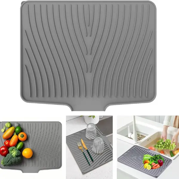 Silicone Dish Drying Mat with Built in Drain Lip, Easy Cleaning, Countertop Draining Board, Heat Resistant Silicone Placement & Coasters, Non Slip, Stone Texture, Gray Large reusable