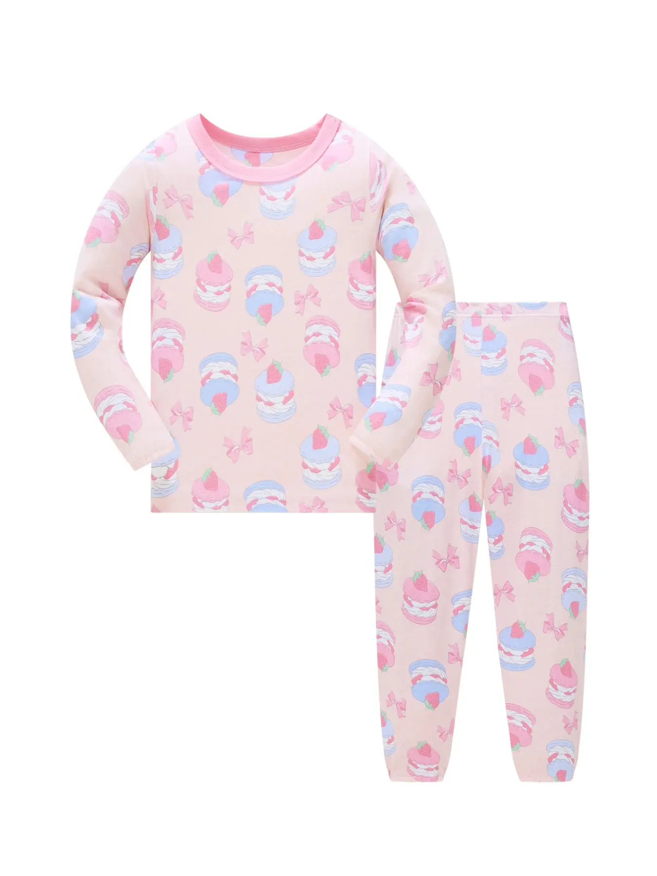 Girls' Strawberry Macaron Pajama Set, Long Sleeve Cartoon Cake Print, Cute Fitted Home Wear, All Seasons Comfortable Sleepwear, Fitted Pajamas, Cartoon Pattern Pajamas, Fruit Print Pajamas
