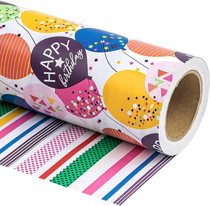 WRAPAHOLIC Reversible Birthday Wrapping Paper, Colorful Balloon & Confetti Design Gift Wrap Roll, Double-Sided Paper for Birthday Party, Baby Shower & Celebrations,17 Inch X 33 Feet