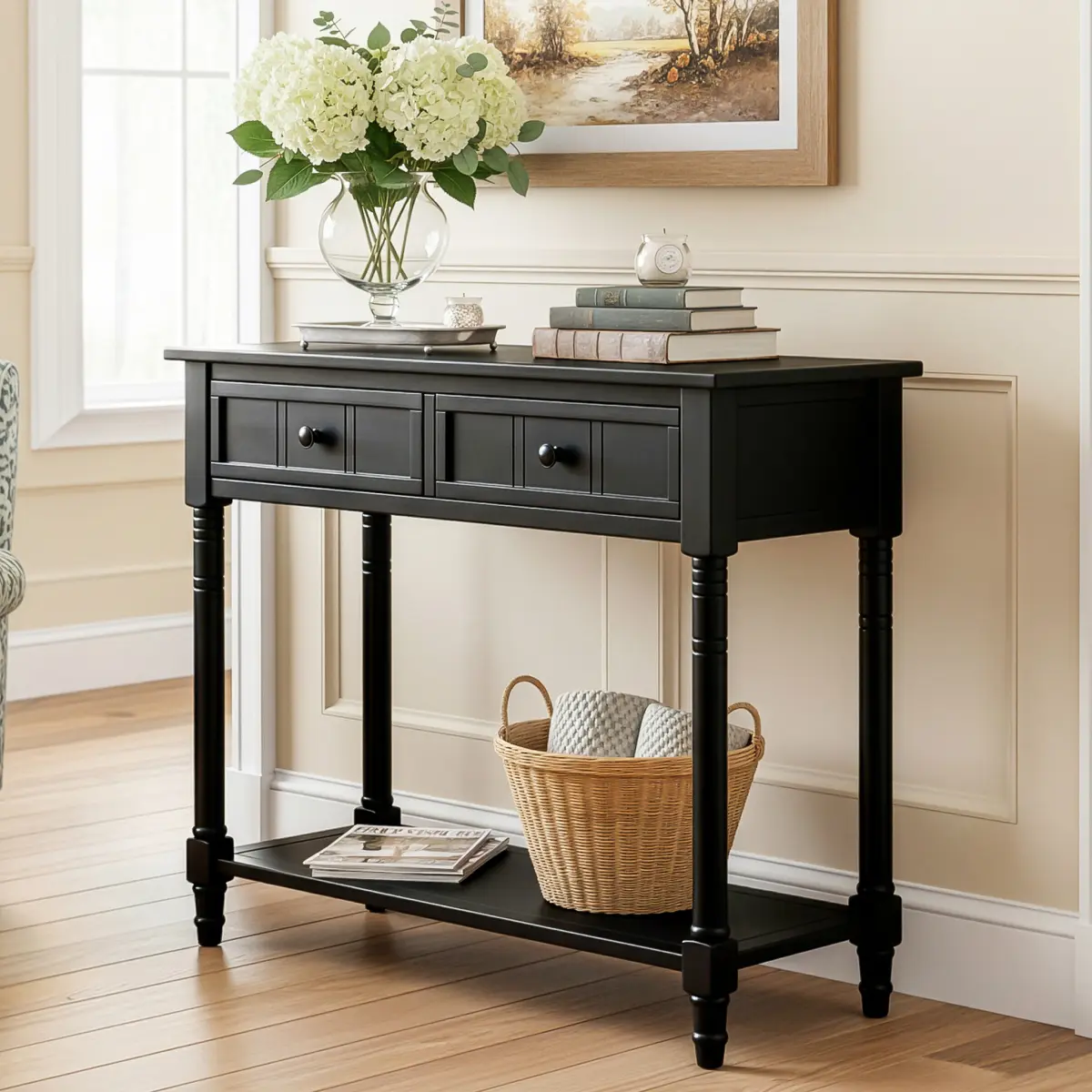 Daisy Series Console Table Traditional Design with Two Drawers and Bottom Shelf (Black)