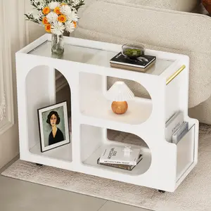 【GOOGREAT】ON-TREND Mobile End Table with Lockable Wheels, Narrow Coffee Table with 5mm Thick Fluted Tempered Glass, Modern Nightstand with Golden Round Rod, Living Room, White, 31.5''W x11.8''D x 23.1''H