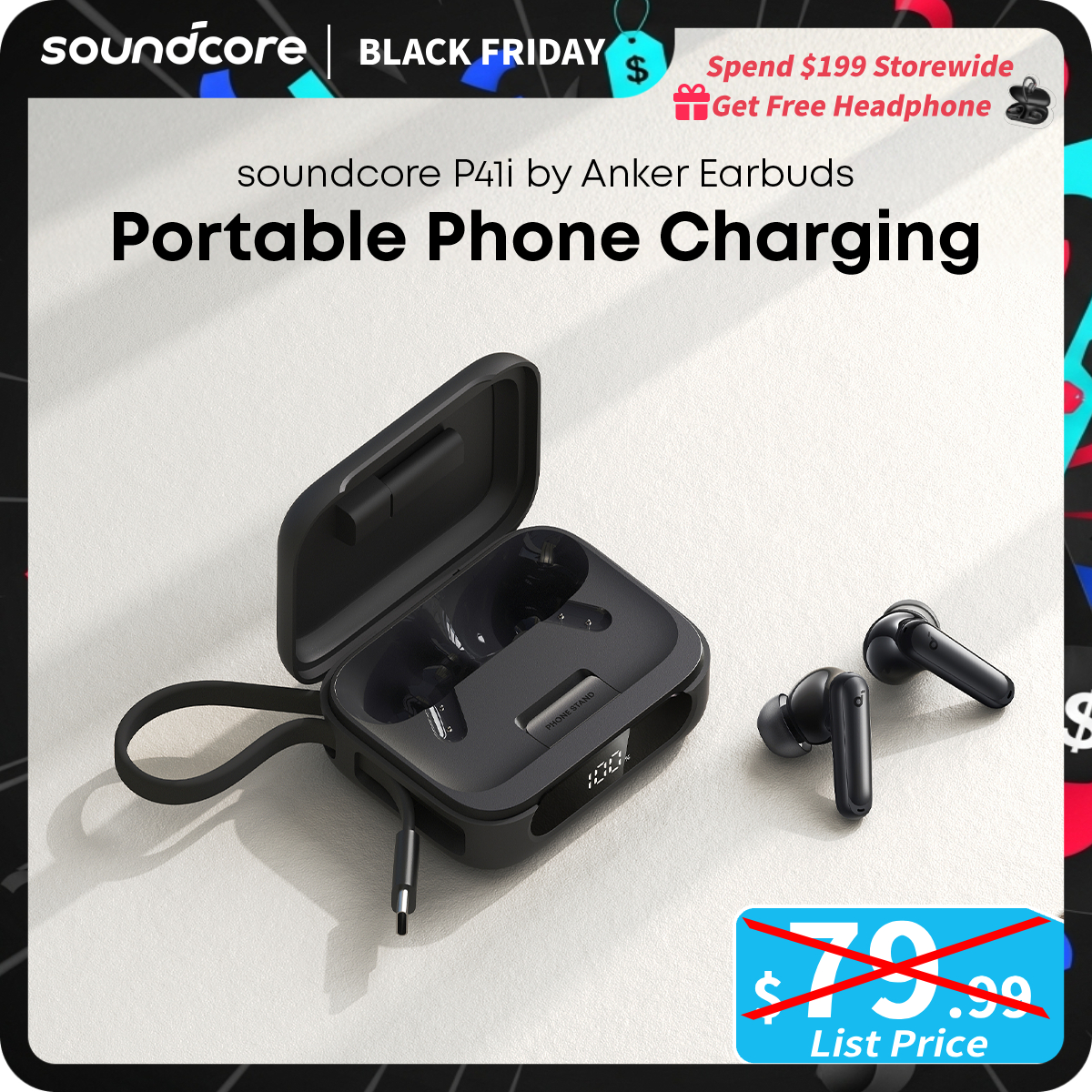 [TikTokShopBlackFriday] soundcore P41i by Anker, Adaptive Noise Cancelling Earbuds with Portable Phone Charger and Built-In Lightning Adapter, 12H Pla