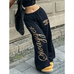 Women's Fall/Winter Streetwear  Game Day Back To School Vintage Cheetah Print Comfortable Black Baggy Sweatpants Wide Leg Sweatpants Wideleg Casual