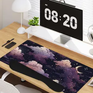4 - in - 1 Dreamy Night Sky (Clouds, Moon, Stars) Elements Large Gaming Mouse Pad + Keyboard Wrist Rest + Mouse Pad with Wrist Support + Coaster Set with Ergonomic Design for Home Office Table Computer, Rubber Base Mousepad with Stitched Edges, Easy Typin