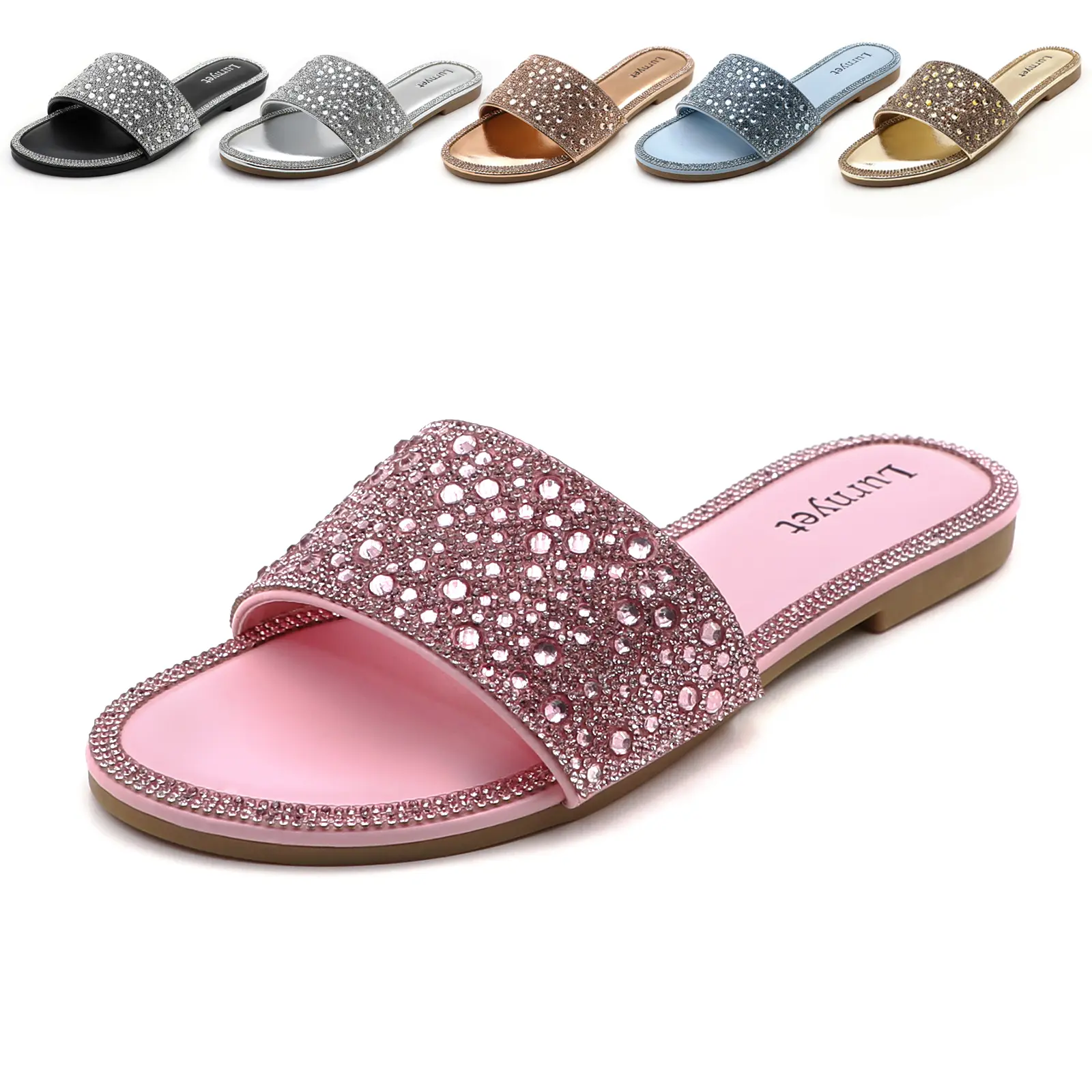 Women's Flat Rhinestone Slide Sandals - Summer Glitter TPR Sole Casual Slip-Ons, Sandals Women, BD, Women's Sandals