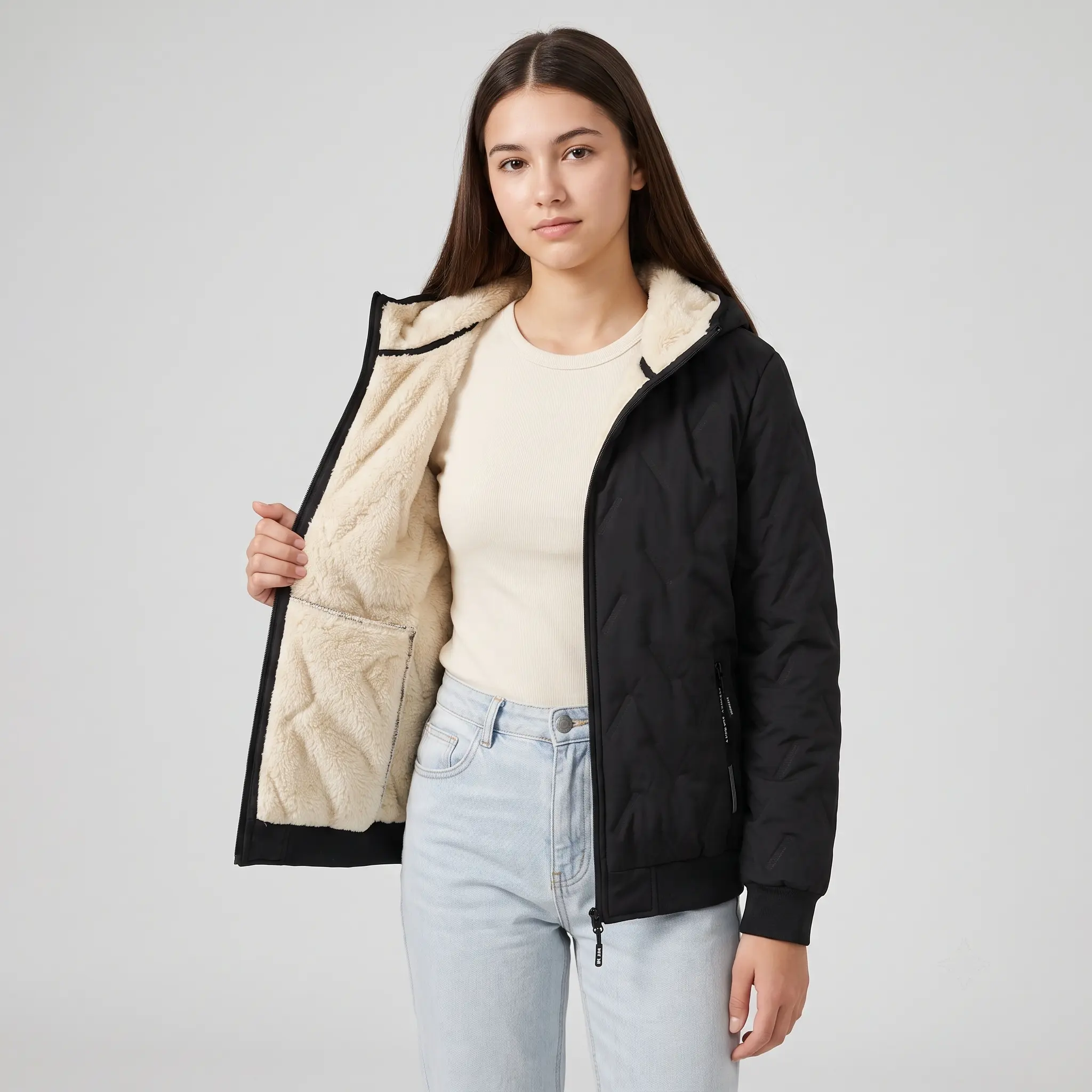 Women's Fleece Lined Hooded Jacket Warm Winter Windproof Zip Up Outerwear with Pockets