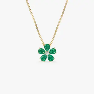 14k Gold Emerald and Diamond Floral Pendant