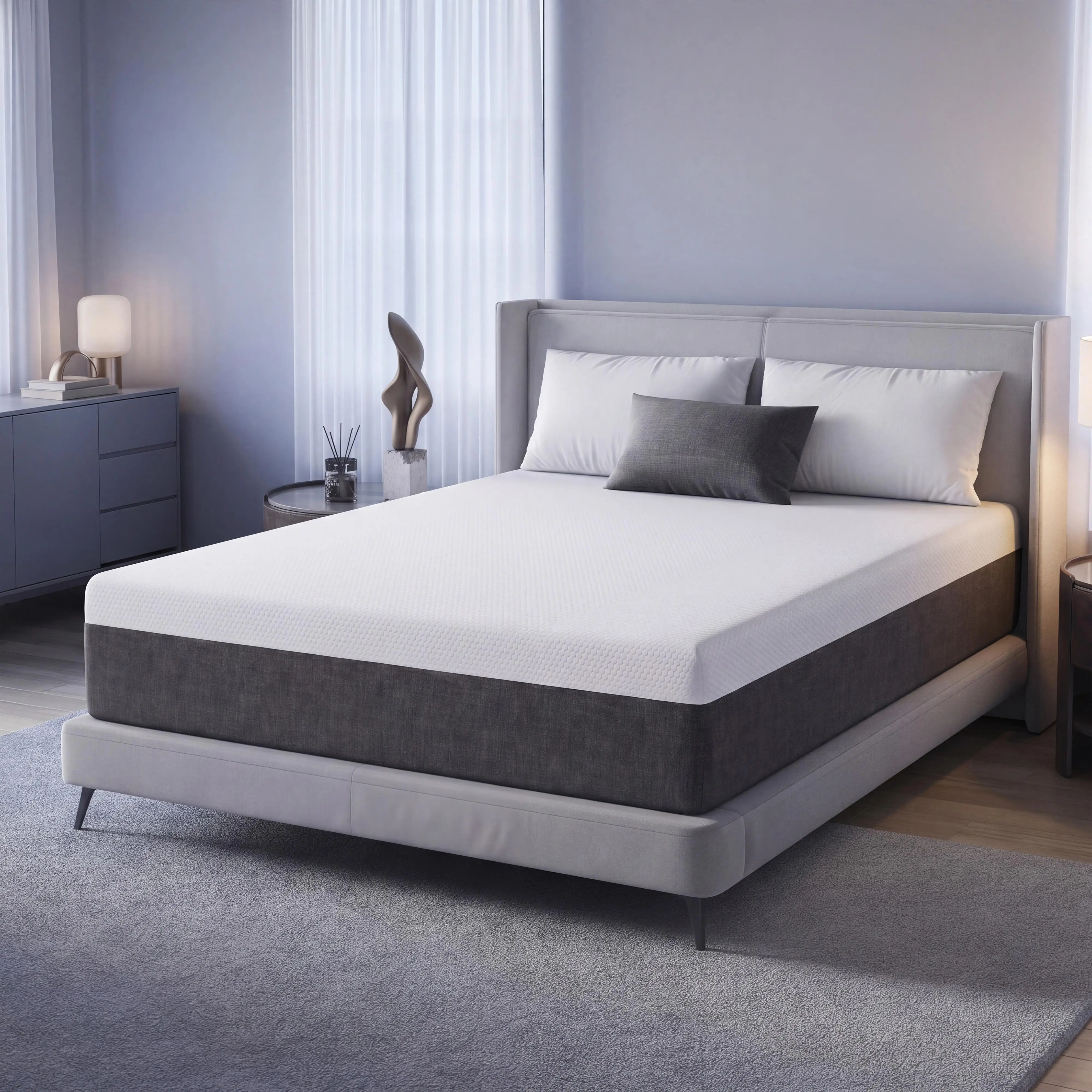 10-Inch Thick Grey White Firm Dense Foam Mattress - Foldable, High-Elasticity, Ergonomic Anti-Sagging Body & Neck Support, Cooling Sleep, Modern Home Indoor Furniture Bed Upgrade, Foldable Mattress, Anti-Allergic
