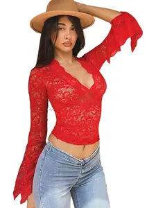 Deep V Slim Lace Long Sleeve Lace Top Womenswear Shirts Blouse