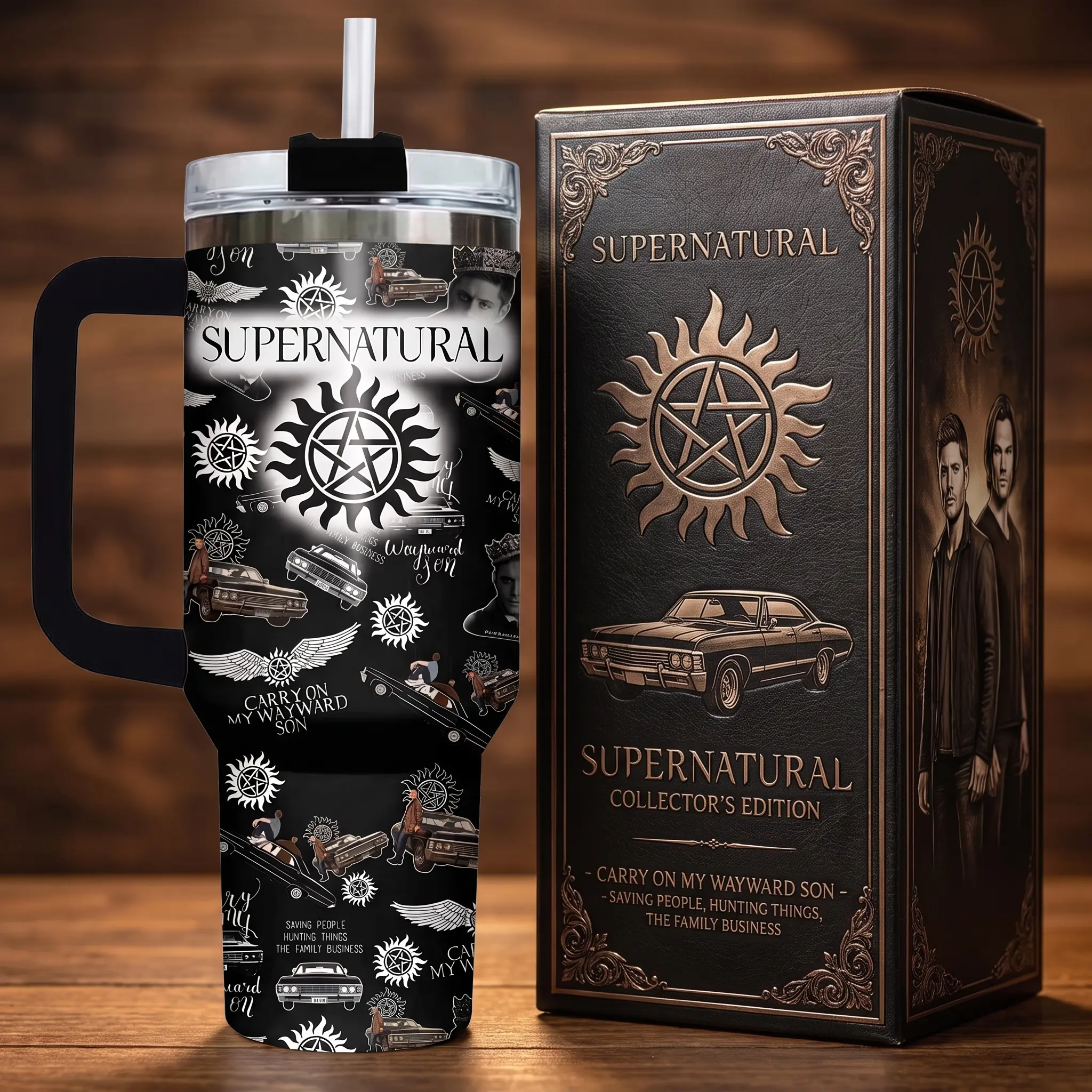 Supernatural TV Show Tumbler with Handle, 40oz Insulated Stainless Steel Travel Mug with Straw, Anti Possession Symbol Dean Sam Winchester Impala Car Cup, Carry On My Wayward Son Saving People Hunting Things Gift Idea for TV Fans