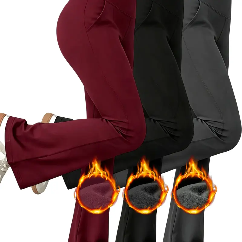 3-Pack Women's High Waist Fleece Lined Flare Leggings, Tummy Control & Booty Lift, Winter Warm Thick, Slim Fit Kick Flare, Casual Comfort, Black Grey Red