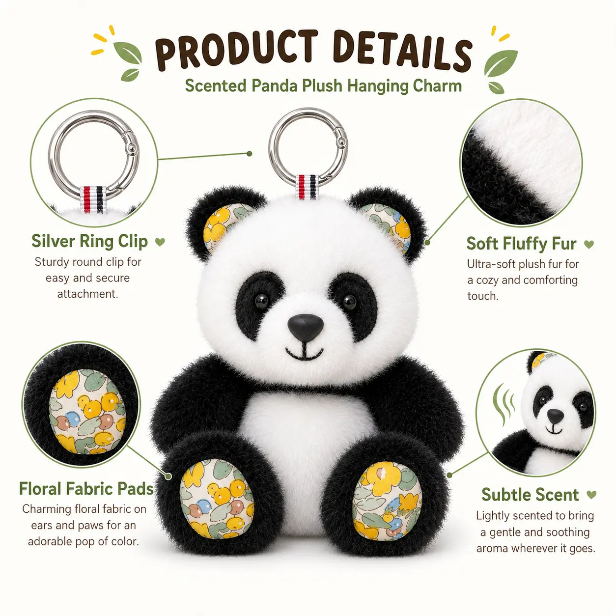 Cute Scented Panda Plush Charm | Floral Pattern Ultra Soft Kawaii Keychain Plushie Perfect for Bags, Backpacks, Closets & Car Accessories Gift for Girls