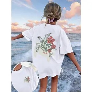 Coastal Hibiscus Sea Turtle Double-Sided Print Oversized T-Shirt, Tropical Beach Aesthetic Casual White Tee, Summer Vacation Hawaii Vibes Top, Unisex