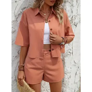Women's Solid Button Front Shirt & Pocket Shorts Two-Piece Set, Casual Drop Shoulder Half Sleeve Top & Wide Leg Shorts for Daily Wear, Ladies Spring & Fall Clothes