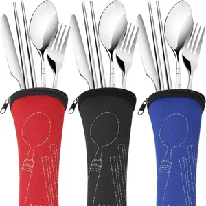 Pack Reusable Flatware Sets Knife, Fork, Spoon, Chopsticks, 12Pcs Portable Travel Tableware Dinnerware with Carrying Case Cutlery Disposable