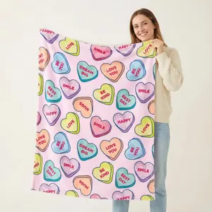 Valentine's Day Heart Fleece Blanket - Macaron Color Candy Heart Elements, Delicate Touch, Good Warmth Retention, Romantic Gift for Lovers