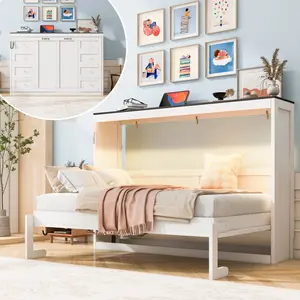 Twin Size Murphy Bed with LED Light - Foldable Hidden Wall Bed Cabinet for Small Spaces, Apartments (White+Brown)