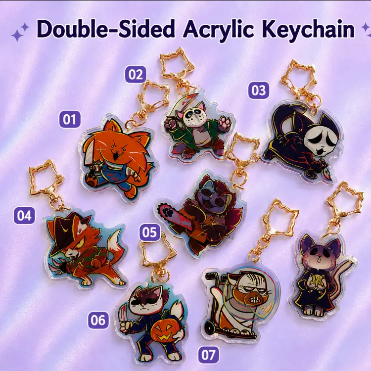 Cute Horror Cat Double-Sided Acrylic Keychain, Halloween Animal Bag Charm, 7 Styles Collectible Keyring Gift