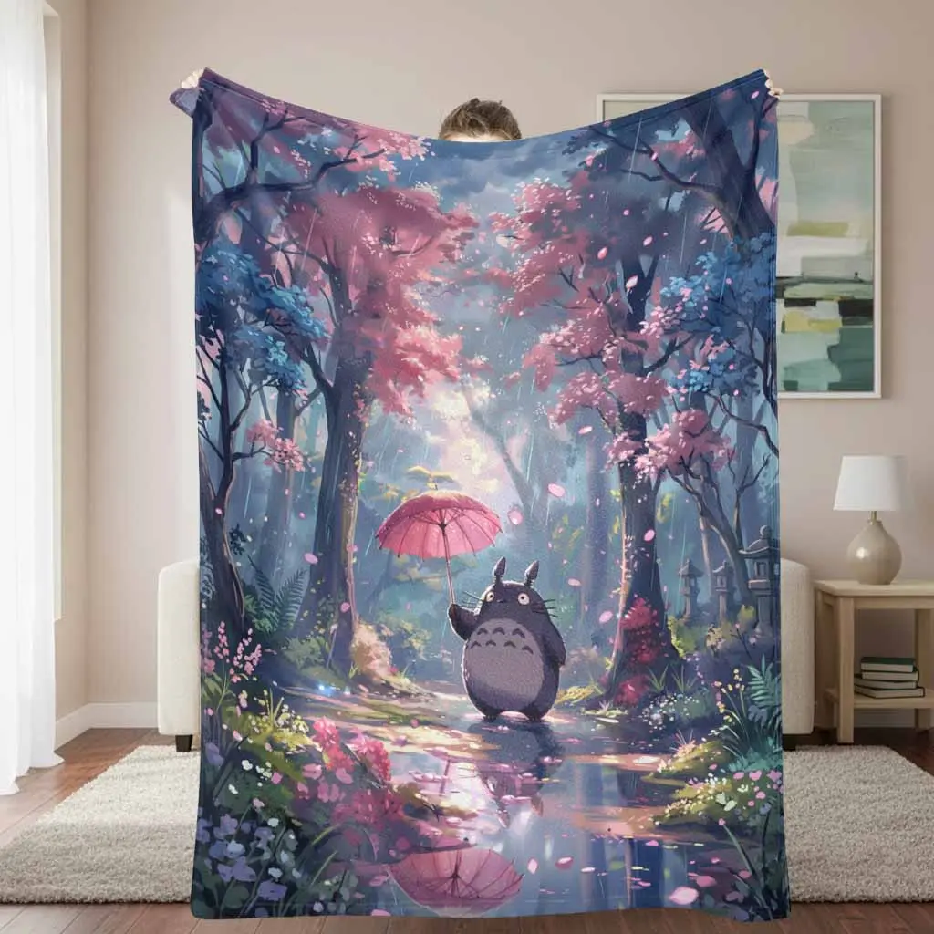 Whimsical Forest Flannel Throw Blanket - Animal Design Art Print, Pink Umbrella & Cute Cartoon Creature, Soft Cozy Warm Lightweight, All Season, Outdoor, Perfect for Bedroom Decor, Holiday Gift, Outdoor Blankets, Animal Design Blankets